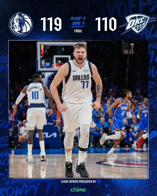东契奇29+10华盛顿29+11 独行侠客场扳平雷霆1-1