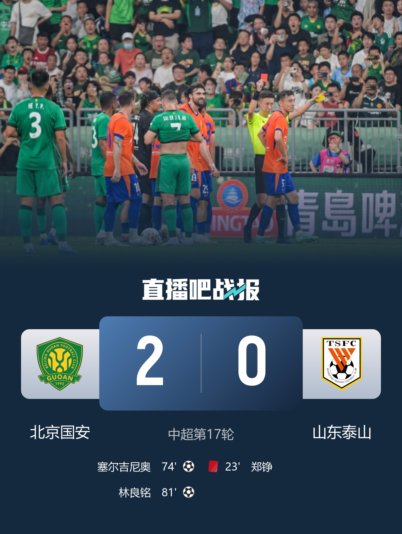 狂轰38脚均被拒 王大雷9扑救难救主 国安2-0十人泰山