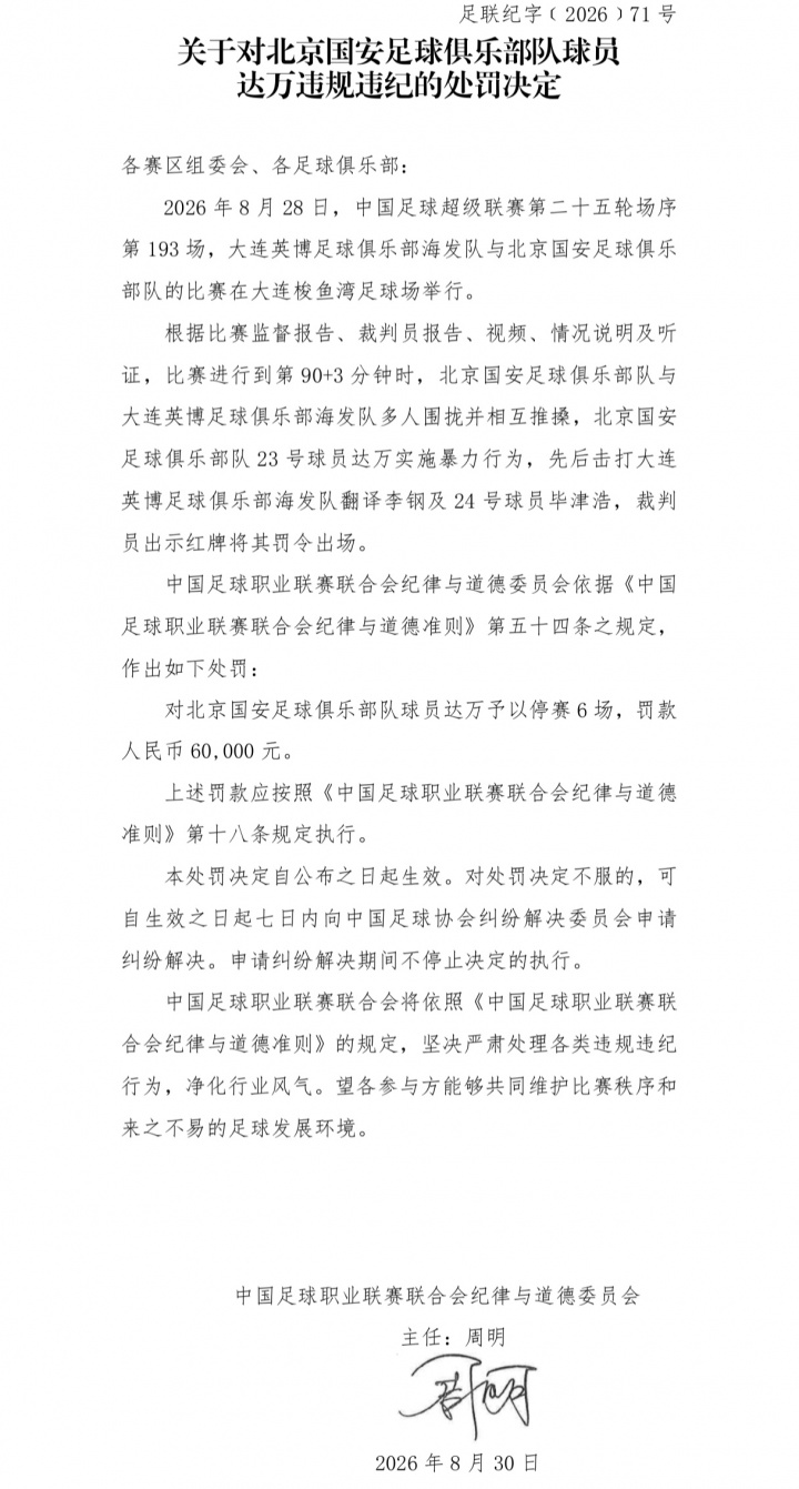 击打英博翻译和球员!官方:国安外援达万禁赛6场、罚款6万! 击打英博翻译和球员!官方:国安外援达万禁赛6场、罚款6万!